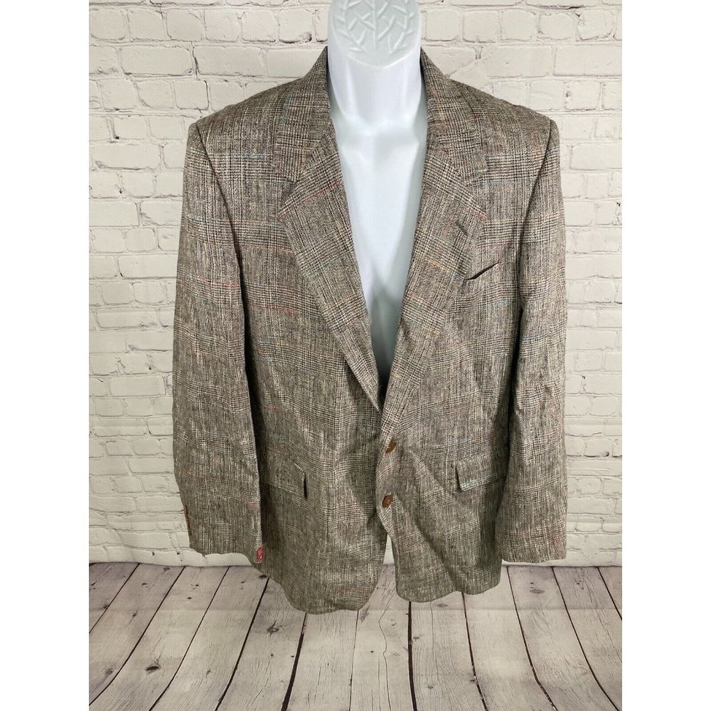 VTG Bilari Hand Tailored Brown Multicolor Fleck Overcheck Silk Jacket Blazer 42R